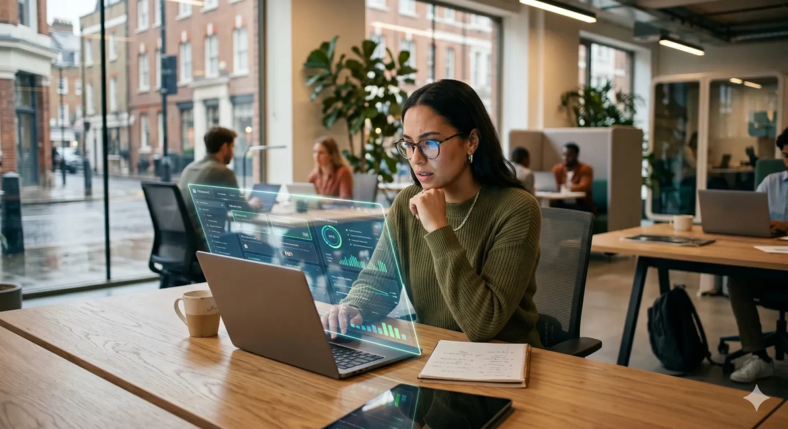 AI en werkdruk illustratie toont hoe kunstmatige intelligentie invloed heeft op stress, productiviteit en werkgeluk in modern