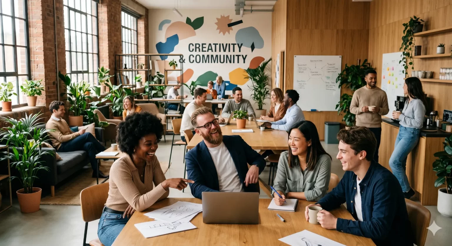 Positieve bedrijfscultuur met werknemers in vertrouwvol gesprek, symboliseert open communicatie en psychologische veiligheid