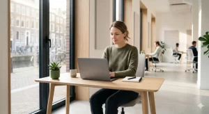 Home Productief werken zonder stress: werknemer met focus, rust en psychologische veiligheid in moderne werkomgeving