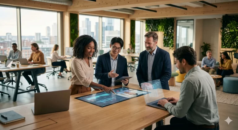 Home Visuele illustratie van de toekomst van werkgeluk met elementen van hybride werken, mentale gezondheid en technologie in mode