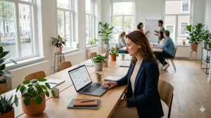 Home Illustratie over werkgeluk meten binnen teams, betrekking hebbend op employee wellbeing en positieve werkcultuur in organisat